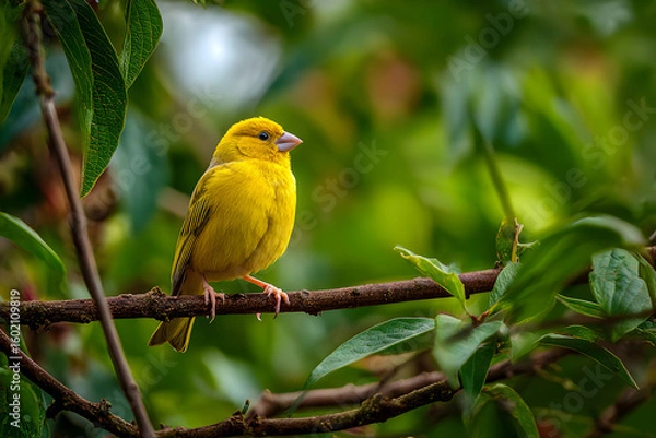 Fototapeta Radiant Yellow Canary Perched Amidst Verdant Foliage in a Serene Natural Setting