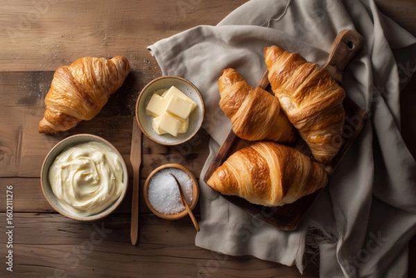 Fototapeta Delicious golden brown croissants with butter, cream cheese, and salt on rustic wooden table