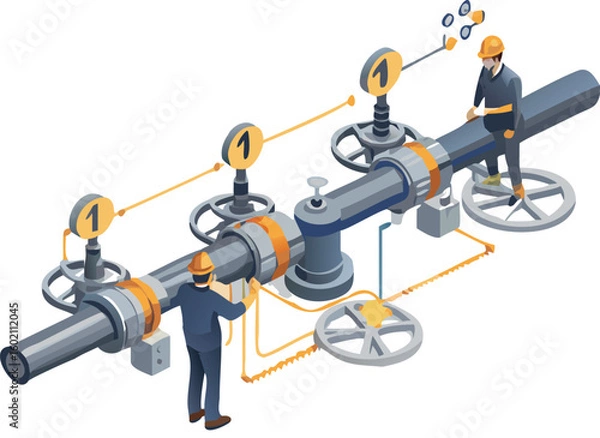 Fototapeta Isometric illustration of two workers inspecting industrial pipeline with valves and gauges numbered one
