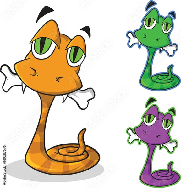 Fototapeta Funny Cartoon Snake with Bone in Mouth – Colorful Character Set