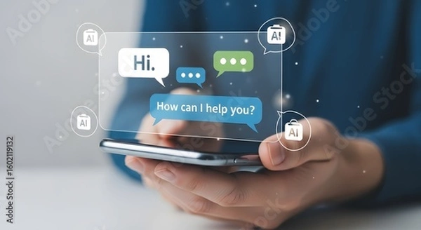 Fototapeta Chatbot Conversation on Smartphone with AI Icons – No Face View