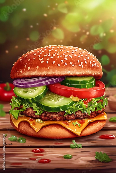 Obraz Delicious cheeseburger with fresh vegetables on a wooden table in a vibrant outdoor setting
