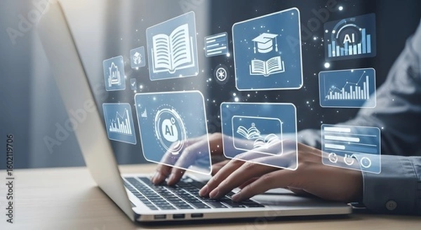 Fototapeta E-learning Interface with AI Education Tools – Hands on Laptop