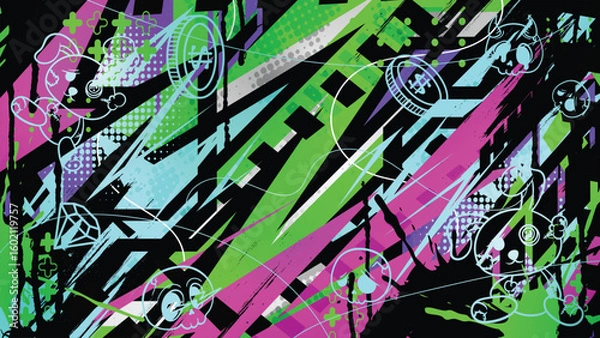 Fototapeta Neon Graffiti Pop Art Vector Background with Cute Characters