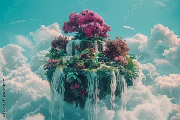 Fototapeta Enchanting floating islands with pastel waterfalls beneath a mystical sky of dreams