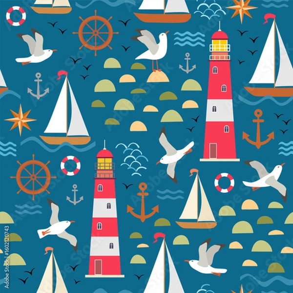 Fototapeta Marine seamless print with cute cartoon seagulls, lifebuoy, symbols of sailing - lighthouse, steering wheel, compass on blue background. Baby fabric pattern.