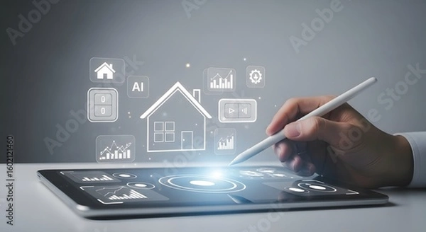 Fototapeta Controlling Smart Home via Tablet with AI Interface – Hand Interaction