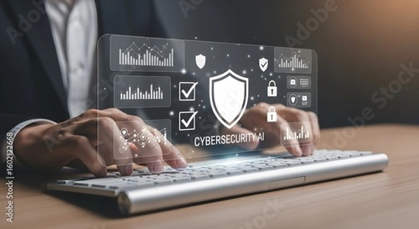 Fototapeta AI Cybersecurity Interface – Hands Typing with Digital Lock Symbols