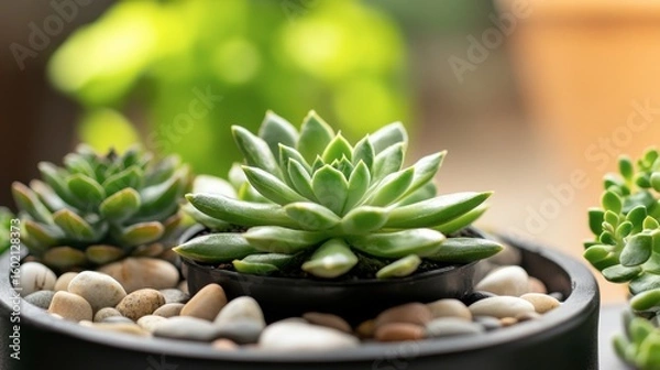 Fototapeta Lush Green Succulents in Modern Indoor Planter with Smooth Pebbles