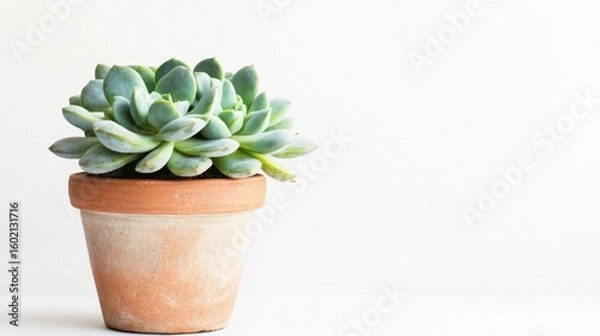 Fototapeta Green Succulent Plant in Clay Pot on Light Background