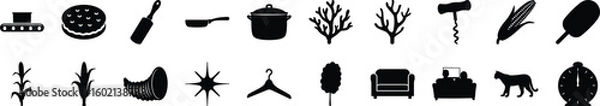 Fototapeta Modern Silhouette Icon Set – 20 Minimal Black Icons of Food, Tools, Furniture, and Nature - A clean and modern collection of 20 black silhouette icons arranged in a horizontal format on a white