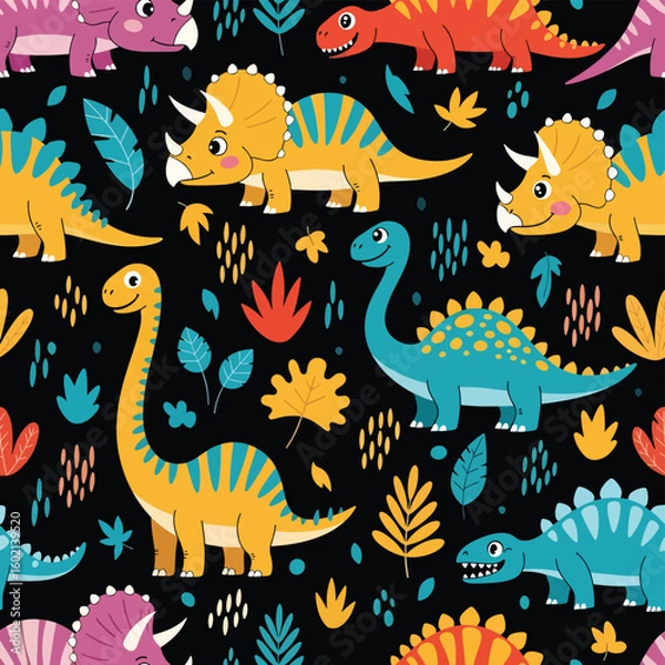 Fototapeta Adobe Illustrator artwork seamless pattern of colorful cartoon dinosaurs, including Triceratops and Brachiosaurus, with tropical leaves. Perfect for fabric, kids' designs, and apparel