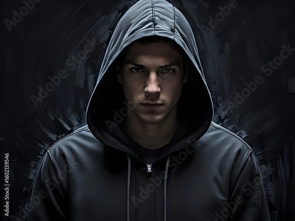 Fototapeta Intense Gaze from the Shadows: A Hooded Enigma