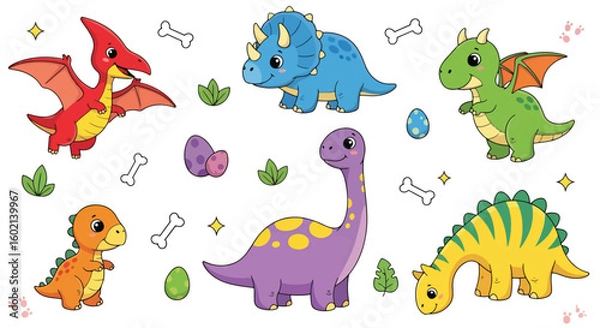 Fototapeta Adobe Illustrator artwork of a set of cute cartoon dinosaurs including a Pterodactyl, Triceratops, Brachiosaurus, and others, with eggs and bones. Perfect for children's designs