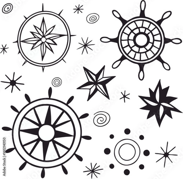 Fototapeta Hand-Drawn Nautical and Celestial Symbols – Black Line Art Collection