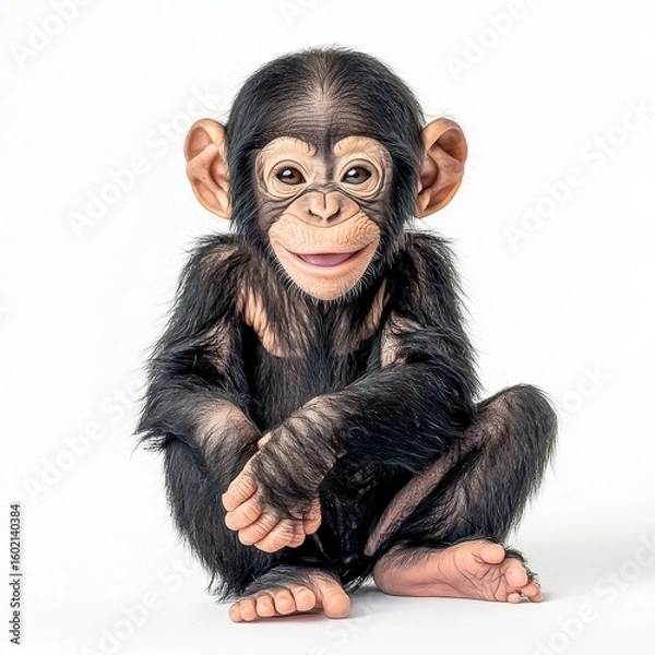 Obraz Adorable Baby Chimpanzee Sitting and Smiling on White Background