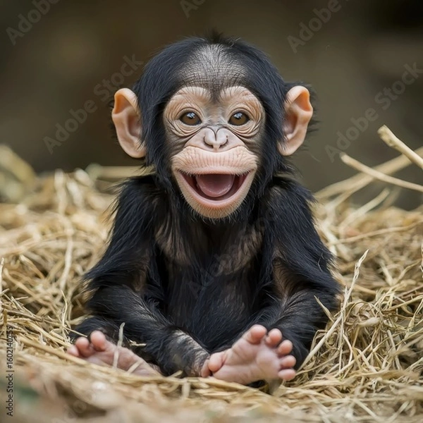 Obraz Adorable Baby Chimpanzee Smiling in a Nest