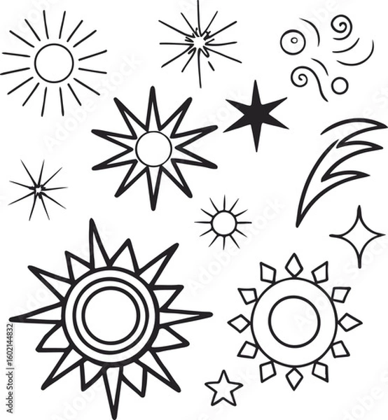 Fototapeta Hand-Drawn Sun, Star, and Cosmic Elements – Black Line Art Symbols Collection