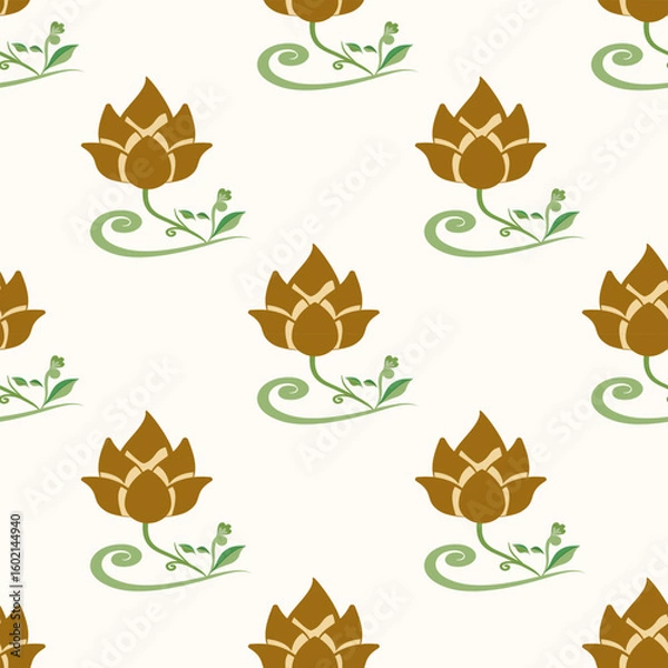 Fototapeta Native ethnic thai geometric pattern samless gold and red on a light gray background. Native thai fabric tiles, temple, wallpaper, carpets.