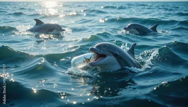 Fototapeta Dolphins playing in ocean waves coastal waters wildlife photography serene environment dynamic viewpoint marine life