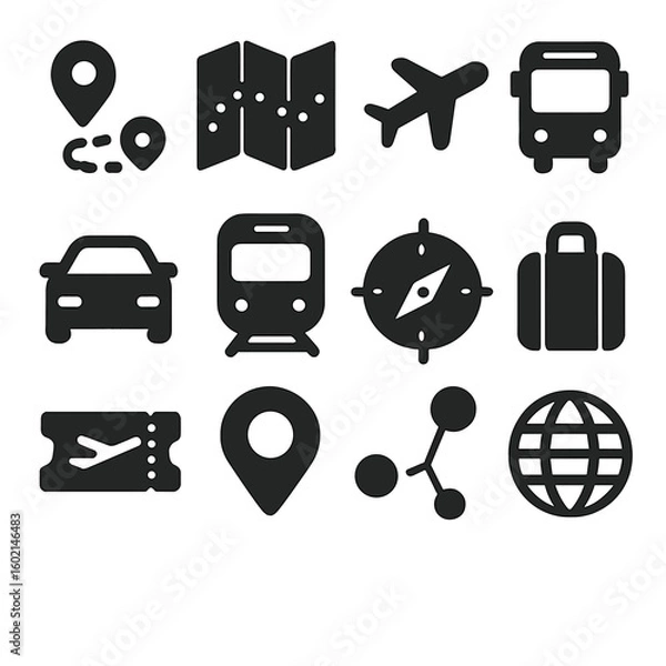 Fototapeta Travel car set train suitcase bus icons airplane globe icon vector marker