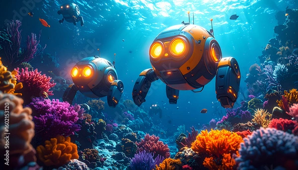 Obraz Underwater Robots Explore Coral Reef.