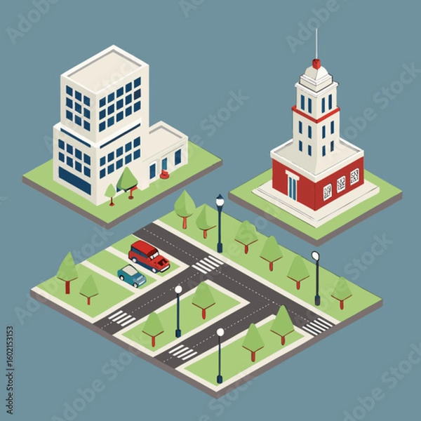 Obraz Isometric city landscape with buildings cars and trees vector illustration for urban design and architecture