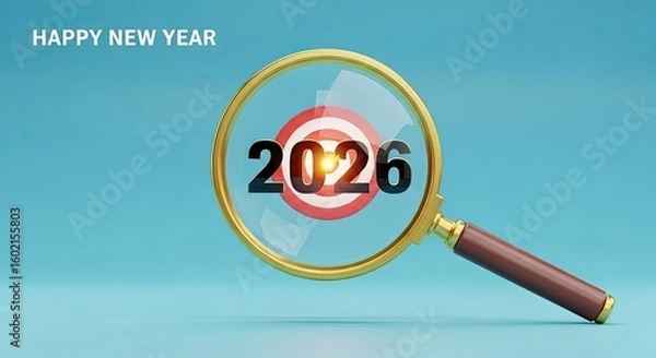 Fototapeta Happy New Year 2026 target vision — magnifying glass on goal setting and resolution success concept. Business strategy and budget planning for new year