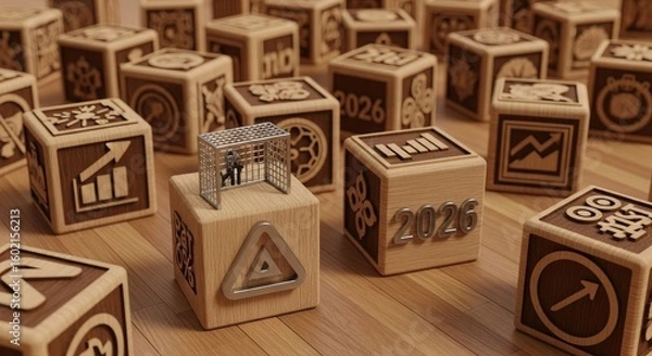 Fototapeta Multiple 2026 numbered wooden cube blocks are arranged in an array pattern. New year concept for business planning.