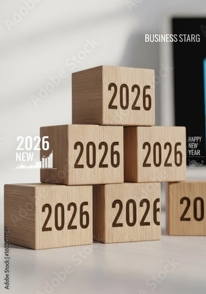 Fototapeta Multiple 2026 numbered wooden cube blocks are arranged in an array pattern. New year concept for business planning.