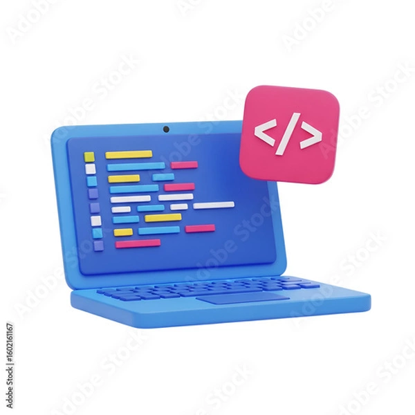 Fototapeta 3d icon of a 3d illustration of a laptop displaying code with a coding icon isolated on transparent background
