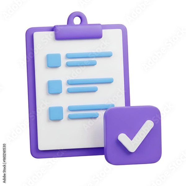 Fototapeta 3d icon of a 3d illustration of a purple clipboard with a checklist and a checkmark icon isolated on transparent background