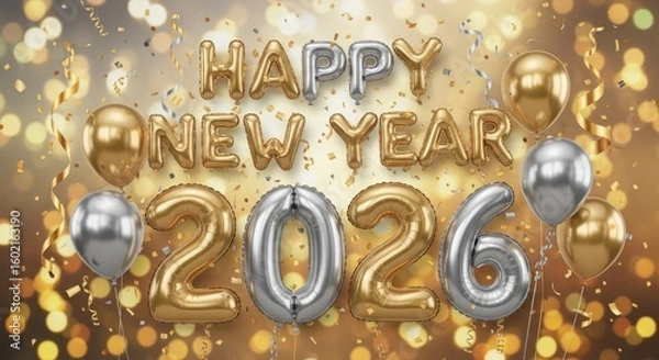 Fototapeta Happy New Year 2026 balloon inscription with golden and silver foil letters, confetti, sparklers, and bokeh light. New year celebration.