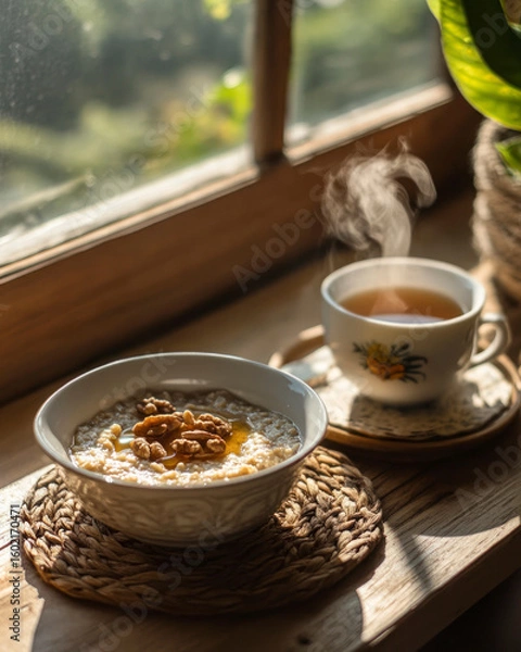 Obraz cozy, breakfast concept, creamy oatmeal with honey and walnuts , glass of tea with lemon slice on wooden table, near window with morning light. 