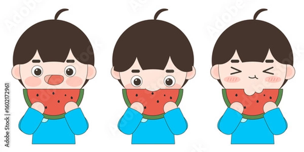 Obraz 여름 일러스트. 시원한 수박 먹는 소년 일러스트. 벡터 일러스트.