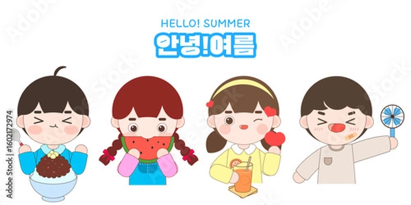 Obraz 여름 일러스트. 다양한 방법으로 여름을 즐기는 어린이들 일러스트. 벡터 일러스트.