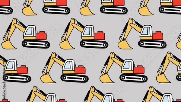 Fototapeta Repeated pattern of yellow and red excavators on a gray background with black outlines and details