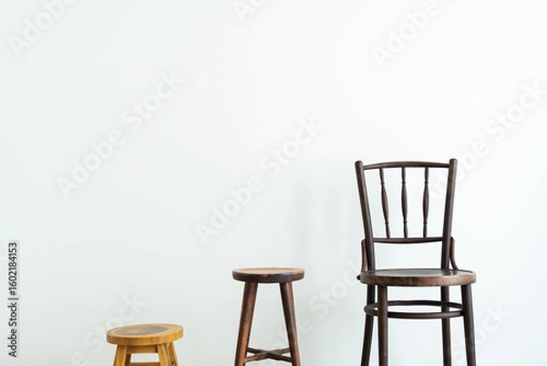 Fototapeta Three different wooden chairs in minimalist interior