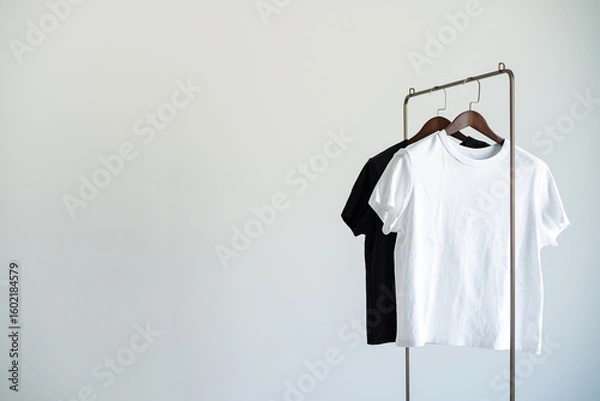 Fototapeta Minimal clothing setup with black and white T-shirts on hangers