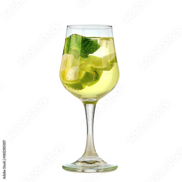 Fototapeta A stemmed glass filled with a light yellow, refreshing drink.  Fresh lime slices and mint leaves are visible