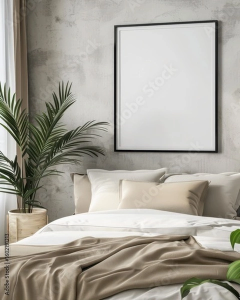 Obraz Modern bedroom interior with a blank frame mockup on a textured wall. a bed with white linens and a plant