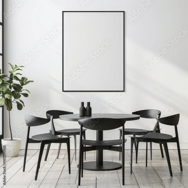 Fototapeta Minimalist dining room with black table and chairs. a large black frame on the wall. and a potted plant in the corner