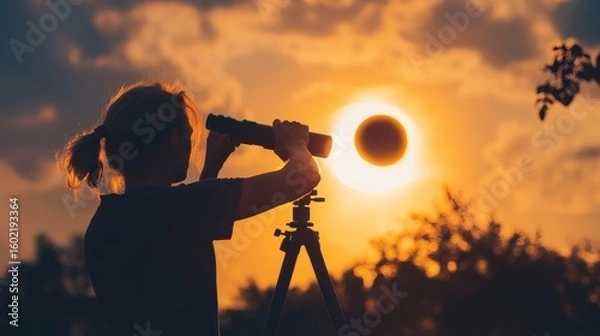 Fototapeta Silhouette of a person observing a solar eclipse through binoculars at sunset.