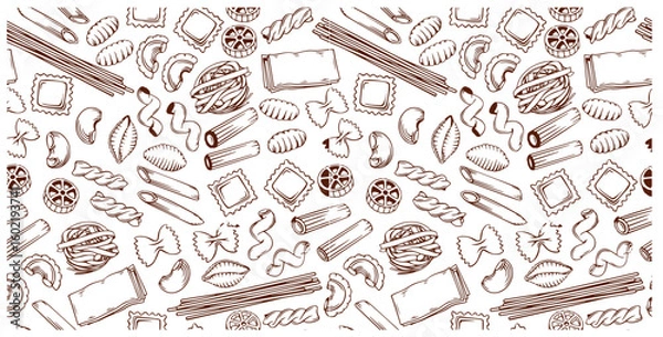 Fototapeta Big collection italian pasta. Different types of uncooked pasta for backgrounds, menu, stickers, cafe, restaurant, bar, shop. Seamless pattern of Italian cuisine staples. Vector hand drawn style illus