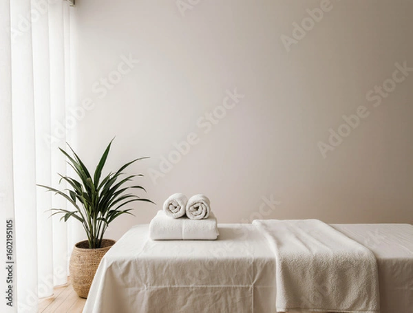 Fototapeta Calming massage room interior with neatly arranged table, green potted plant, soft natural light, clean white linens, rolled towels, and wooden accents in a serene spa setting.