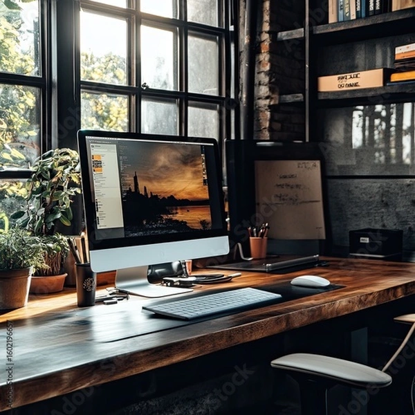 Fototapeta A modern workspace featuring a large computer monitor, keyboard, mouse, potted plants, bookshelves, and a large window offering a view of nature