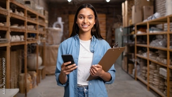 Fototapeta Woman warehouse worker using phone and clipboard for inventory management audit stock