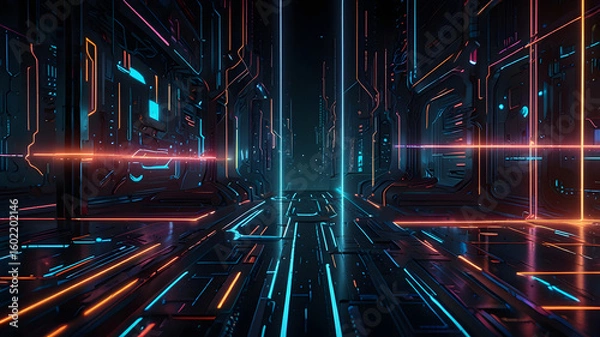 Fototapeta A digital network of blue lines and numbers creates a technological pattern of light and data on a dark background
