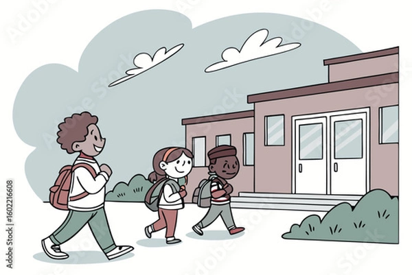 Fototapeta Children walking to school during a sunny day, excited to start their day of learning and activities with friends in a vibrant, cheerful neighborhood