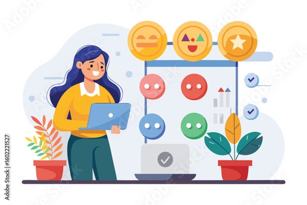 Fototapeta Woman analyzing feedback with laptop and visual data display in a bright workspace during the day